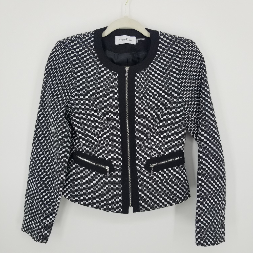 Calvin Klein Black and White Collarless Blazer